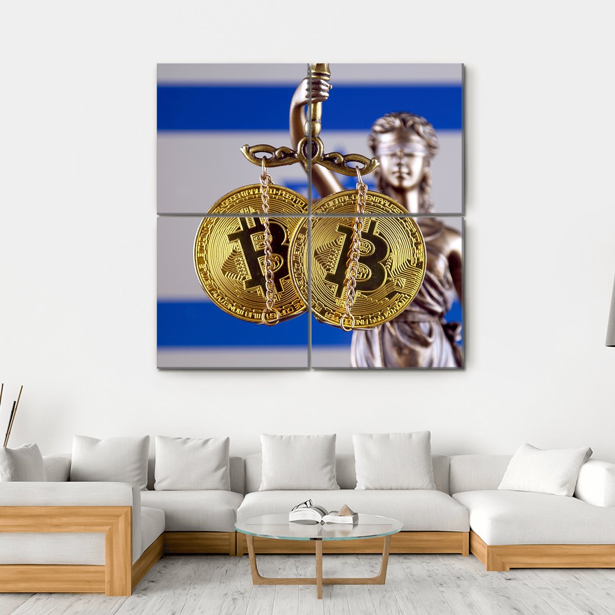 Lady Justice with Bitcoin Scales and Israeli Flag Canvas Wall Art in white, gold and blue, single panel hung on a wall