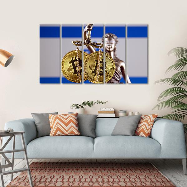 Lady Justice with Bitcoin Scales and Israeli Flag Canvas Wall Art in white, gold and blue, single panel hung on a wall