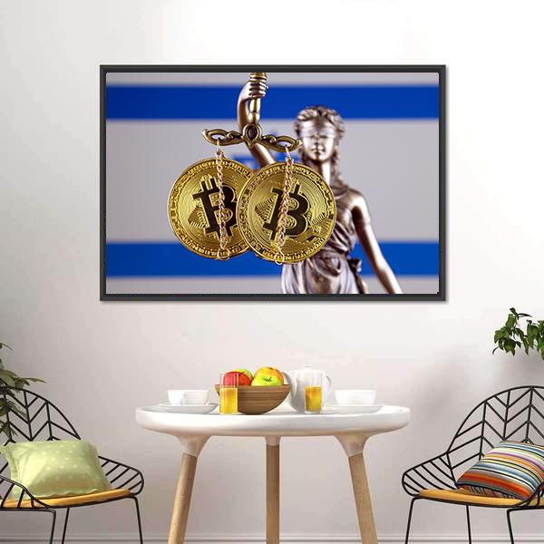 Israel Flag With Bitcoin Canvas Wall Art-3 Horizontal-Gallery Wrap-25" x 16"-Tiaracle