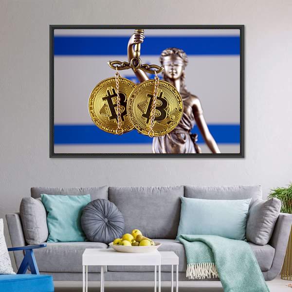 Israel Flag With Bitcoin Canvas Wall Art-3 Horizontal-Gallery Wrap-25" x 16"-Tiaracle