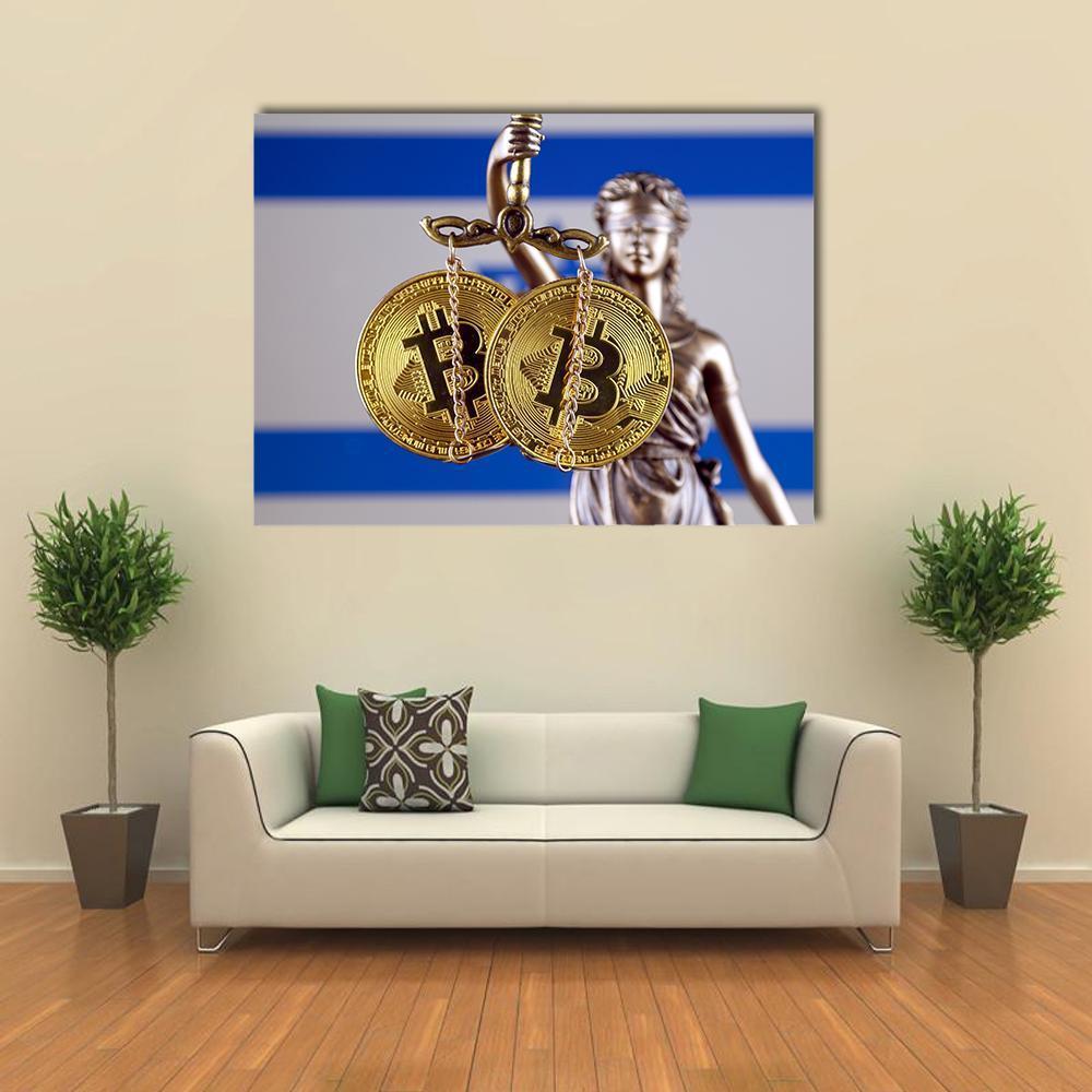 Lady Justice with Bitcoin Over Israeli Flag Canvas Wall Art in white, gold and blue, single panel hung on a wall