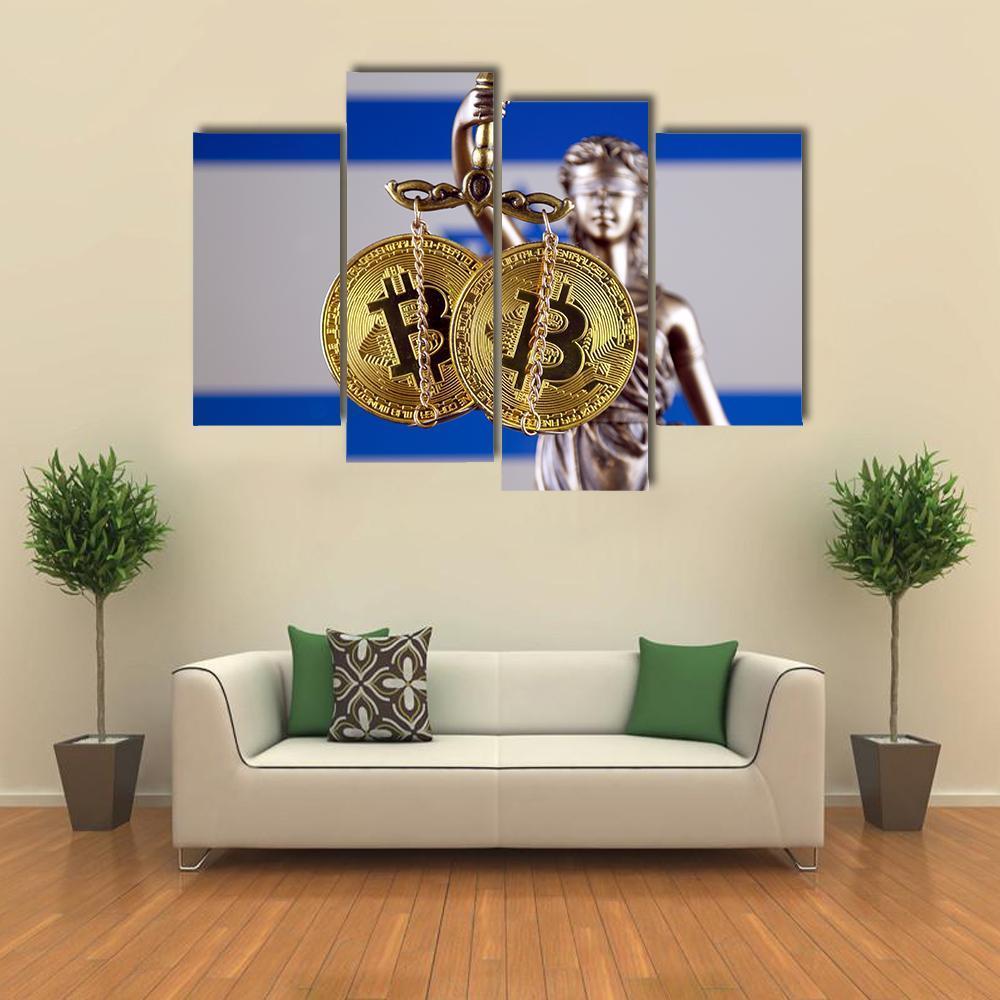 Israel Flag With Bitcoin Canvas Wall Art-4 Pop-Gallery Wrap-50" x 32"-Tiaracle
