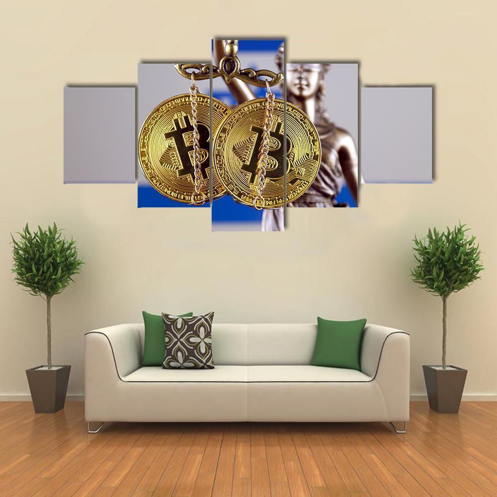 Israel Flag With Bitcoin Canvas Wall Art-5 Star-Gallery Wrap-62" x 32"-Tiaracle