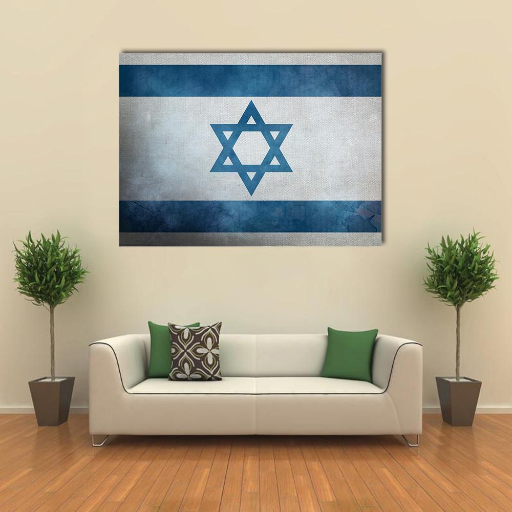 Grunge Israeli Flag with Star of David Canvas Wall Art in white and blue, single panel hung on a wall