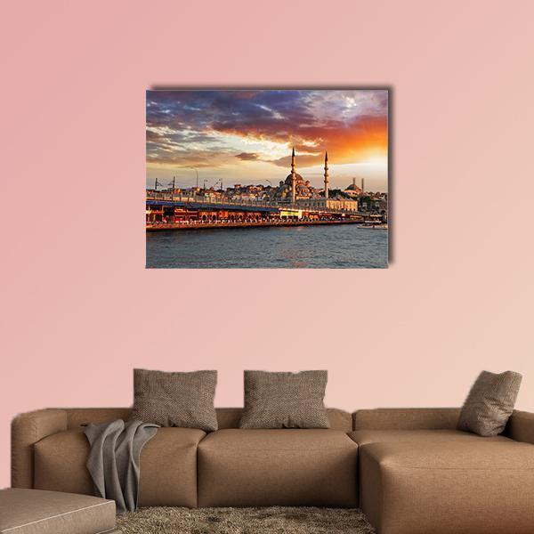 Istanbul Sunset Over Bridge and Mosque Canvas Wall Art in gold, orange and blue, single panel hung on a wall