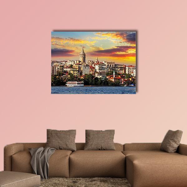 Istanbul at Sunset Canvas Wall Art in orange, yellow and blue, single panel hung on a wall
