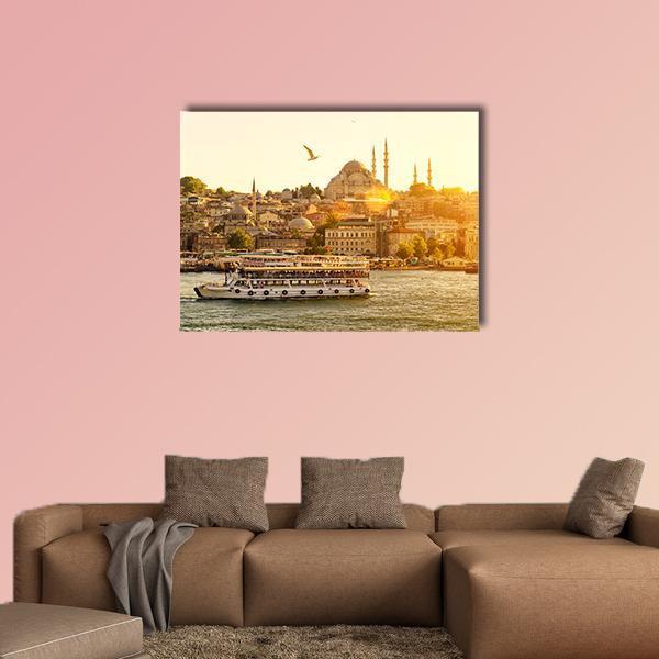 Istanbul Sunset Over Mosque and Ferry Canvas Wall Art in brown, gold and yellow, single panel hung on a wall