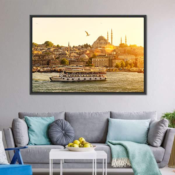 Istanbul at Sunset Canvas Wall Art in gold, orange and yellow, framed canvas, product view on a white background