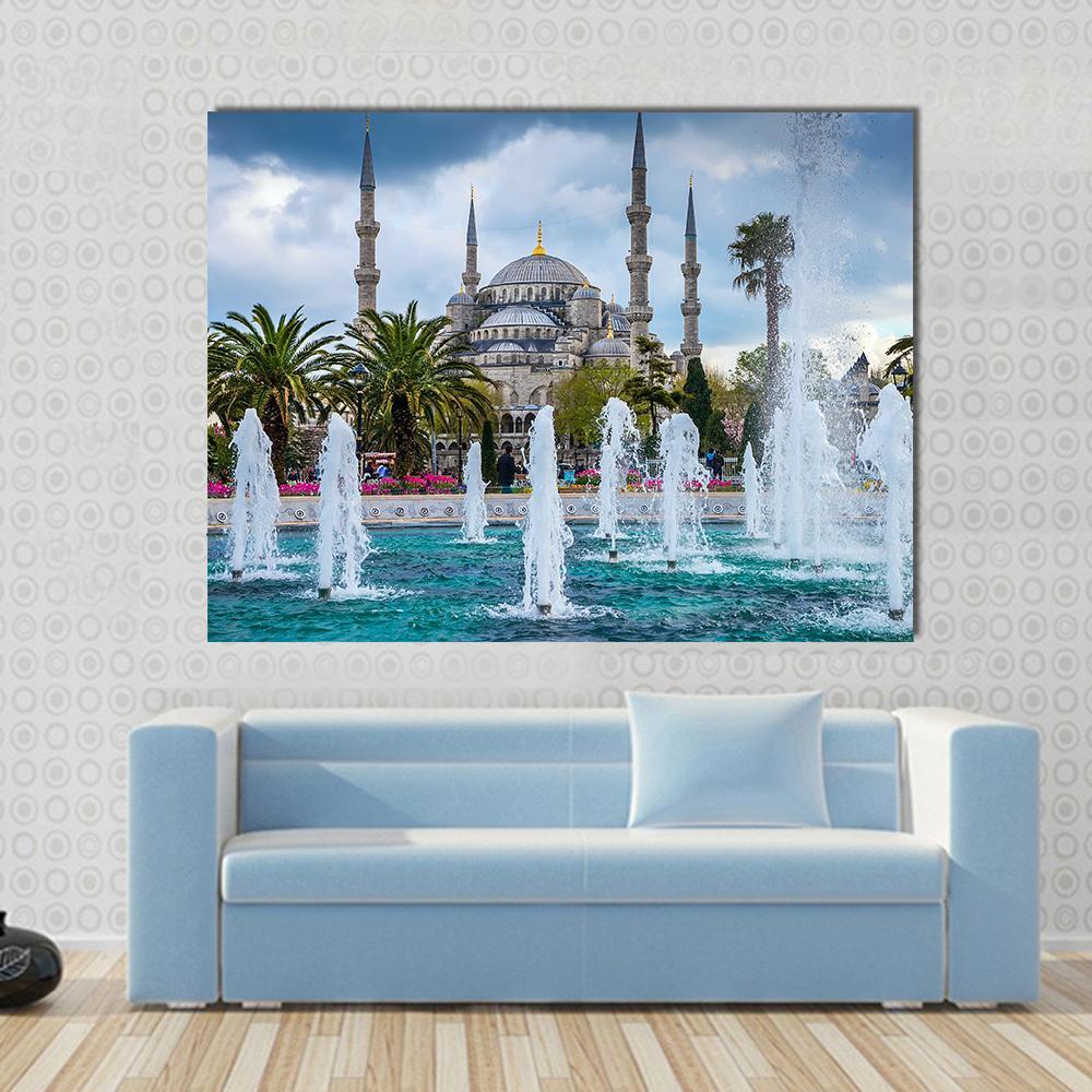 Sultan Ahmed Mosque, Istanbul Canvas Wall Art in white, gray and blue, single panel hung on a wall