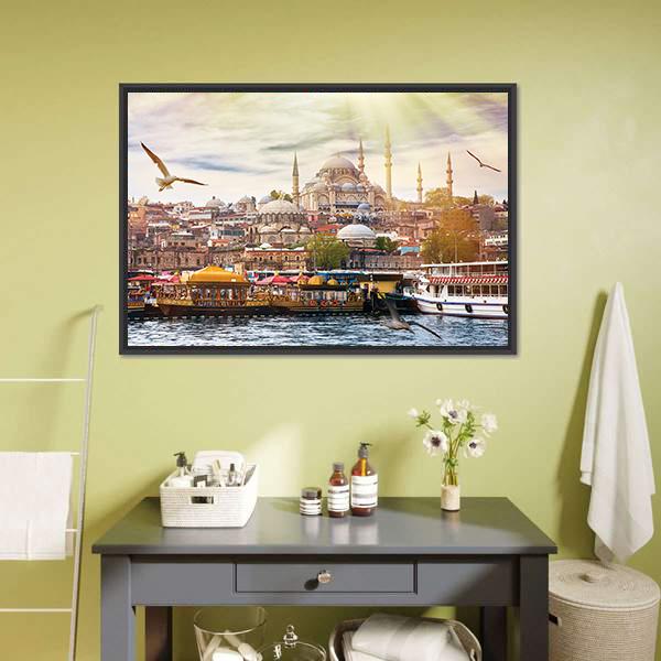 Istanbul Cityscape Canvas Wall Art in beige, yellow and blue, framed canvas, product view on a white background