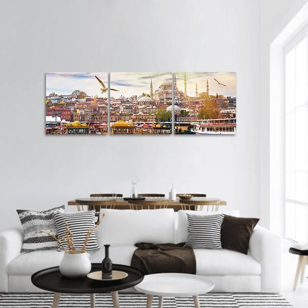 Istanbul City Skyline at Golden Hour Panoramic Canvas Wall Art in beige, gold and yellow, hung on a wall