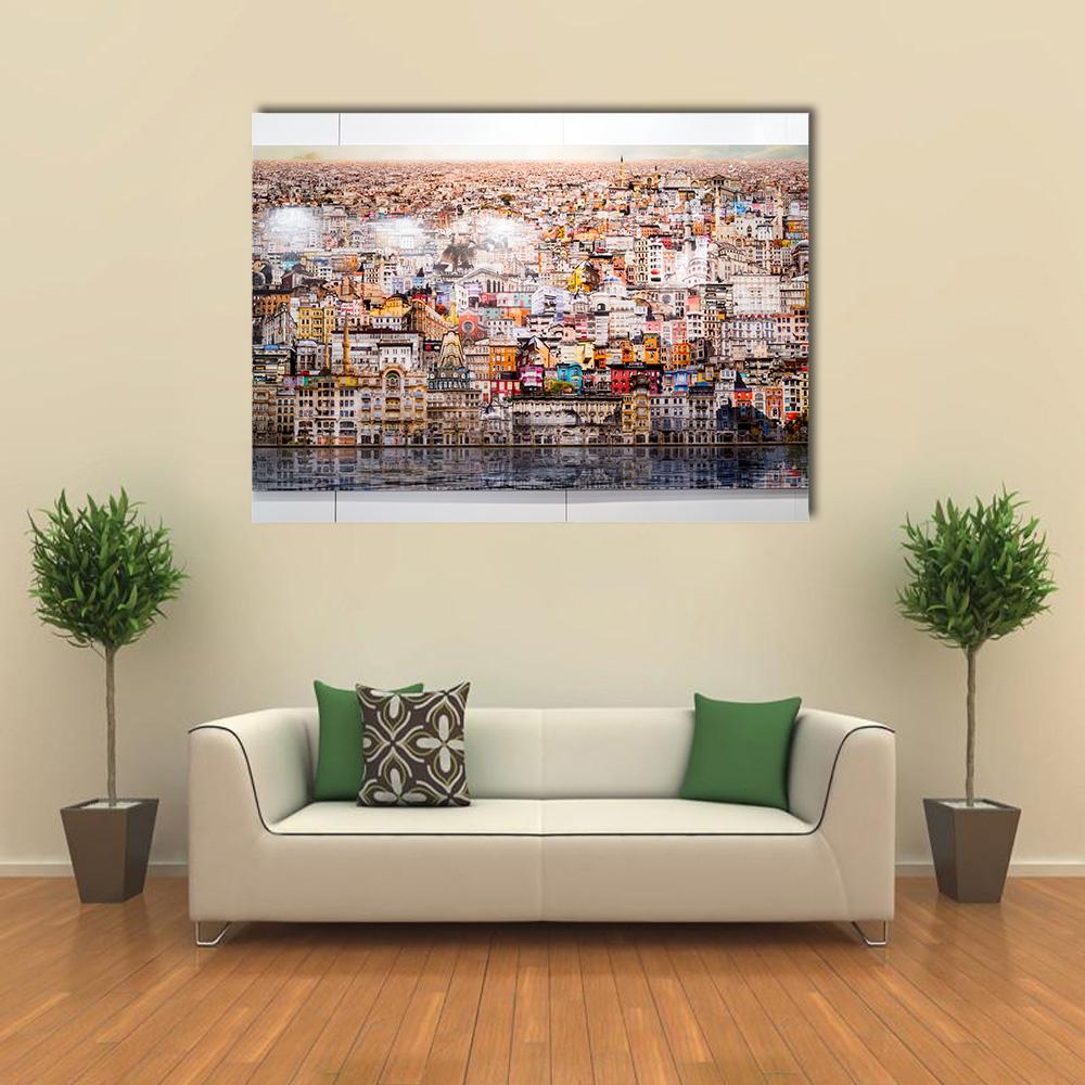 Istanbul Architectural Cityscape Collage Canvas Wall Art in beige, brown and multicolor, single panel hung on a wall