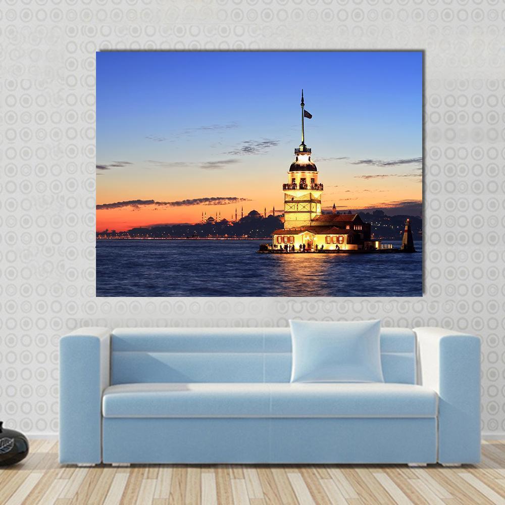 Maiden's Tower at Sunset, Istanbul Canvas Wall Art in orange, yellow and blue, single panel hung on a wall