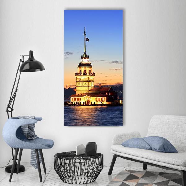 Maiden's Tower, Istanbul Vertical Canvas Wall Art in orange, yellow and blue, single vertical panel hung on a wall