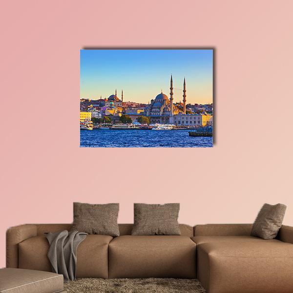 Istanbul Sunset Over Bosphorus Canvas Wall Art in orange, yellow and blue, single panel hung on a wall