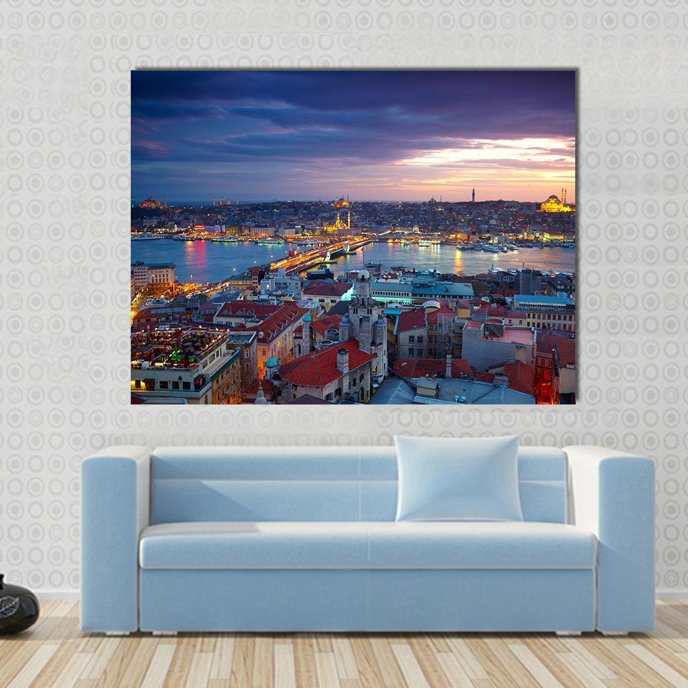 Istanbul Sunset Canvas Wall Art in orange, blue and purple, single panel hung on a wall