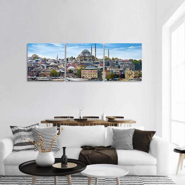 Istanbul Skyline with Süleymaniye Mosque Panoramic Canvas Wall Art in gray, beige and blue, hung on a wall