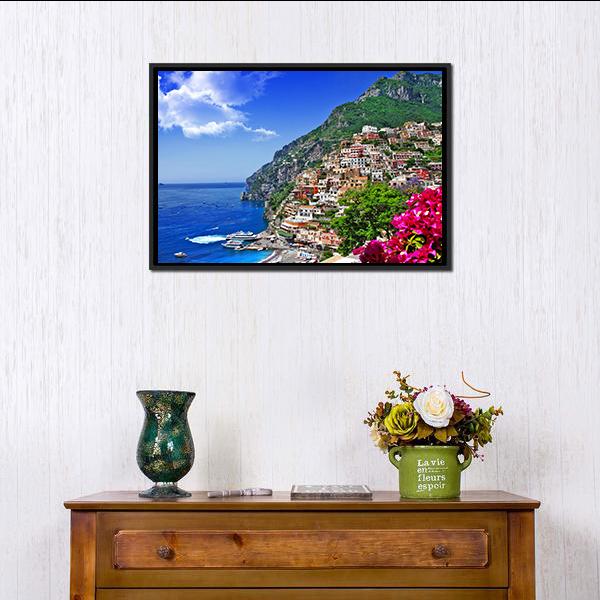 Positano Coastal Village Canvas Wall Art in green, blue and multicolor, framed canvas, product view on a white background