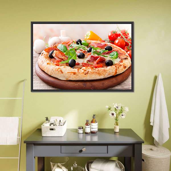 Italian Pizza with Prosciutto and Arugula Canvas Wall Art in beige, brown and red, framed canvas, product view on a white background