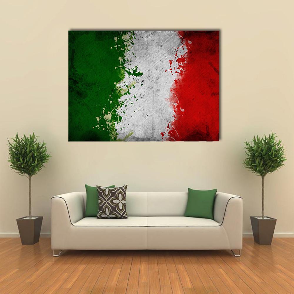 Italian Flag with Splatter Paint Canvas Wall Art in white, red and green, single panel hung on a wall