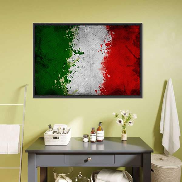 Italian Flag with Splatter Paint Canvas Wall Art in white, red and green, framed canvas, product view on a white background