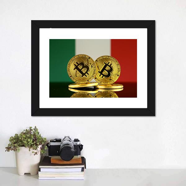 Italy Flag With Bitcoins Canvas Wall Art-1 Piece-Framed Print-20" x 16"-Tiaracle