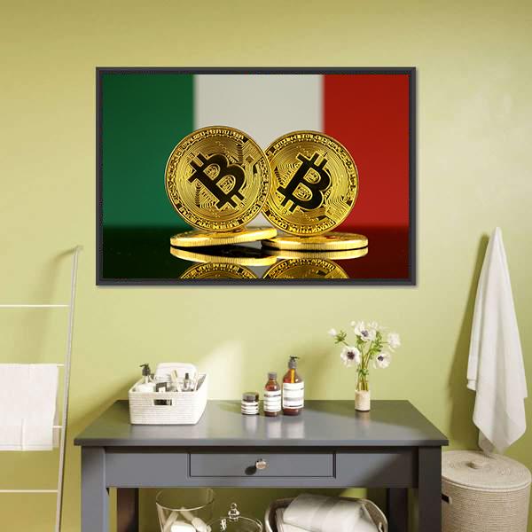 Italy Flag With Bitcoins Canvas Wall Art-1 Piece-Floating Frame-24" x 16"-Tiaracle