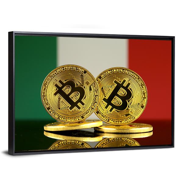 Italy Flag With Bitcoins Canvas Wall Art-3 Horizontal-Gallery Wrap-25" x 16"-Tiaracle