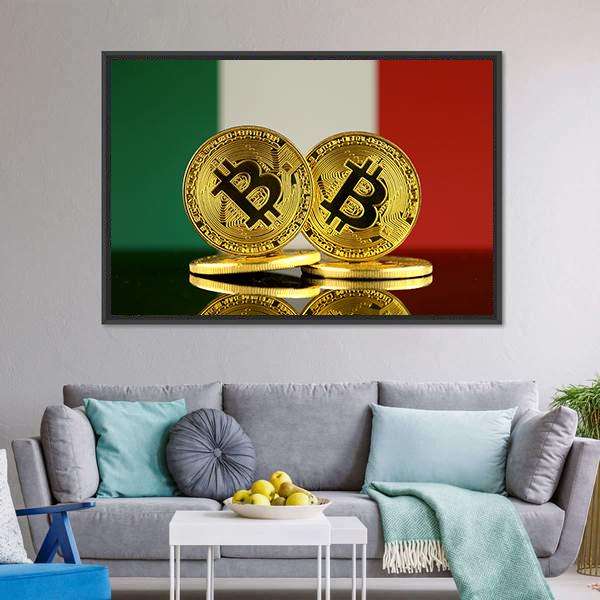 Italy Flag With Bitcoins Canvas Wall Art-3 Horizontal-Gallery Wrap-25" x 16"-Tiaracle