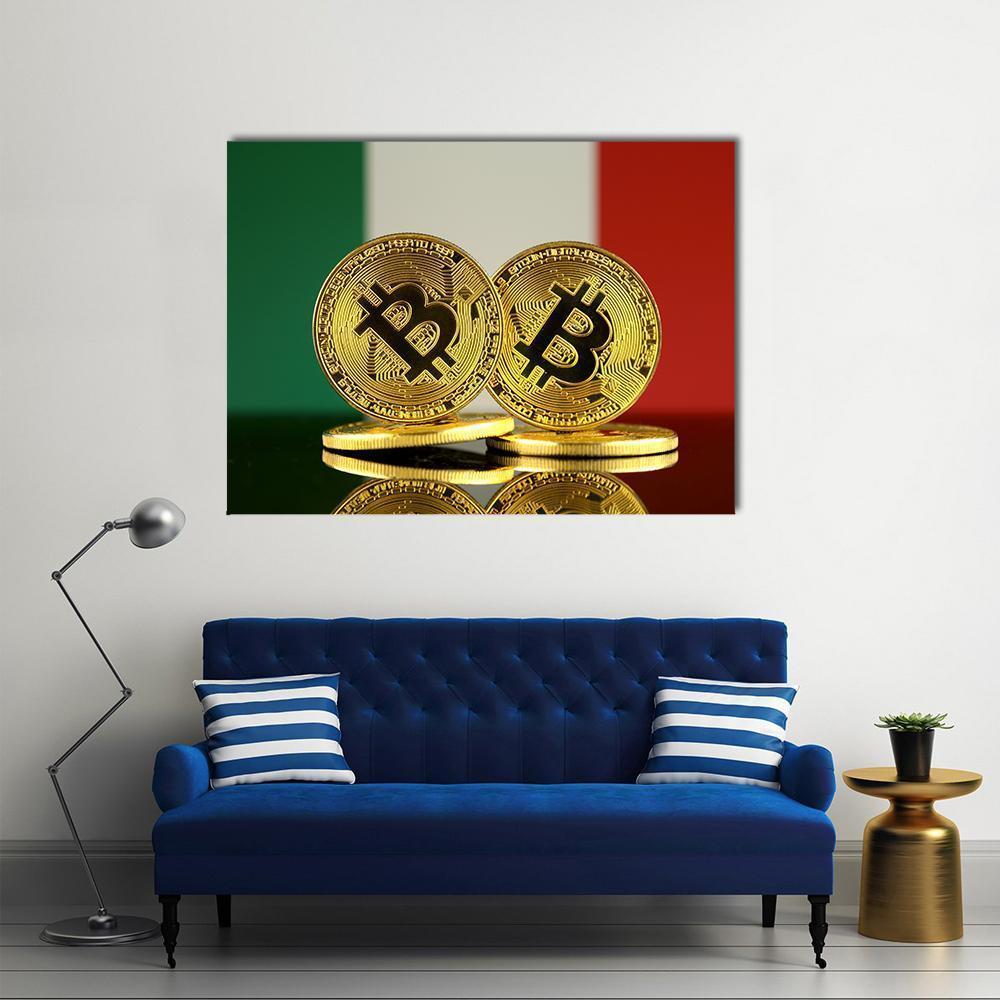 Stacked Bitcoin Coins with Italian Flag Canvas Wall Art in white, red and green, single panel hung on a wall