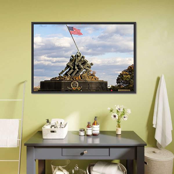 Iwo Jima Memorial Flag Raising Photograph Canvas Wall Art in white, gray and blue, framed canvas, product view on a white background