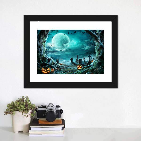 Jack O Lantern In Cemetery At Night Canvas Wall Art-1 Piece-Framed Print-20" x 16"-Tiaracle