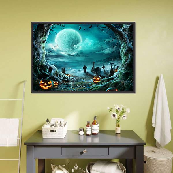 Jack O Lantern In Cemetery At Night Canvas Wall Art-1 Piece-Floating Frame-24" x 16"-Tiaracle