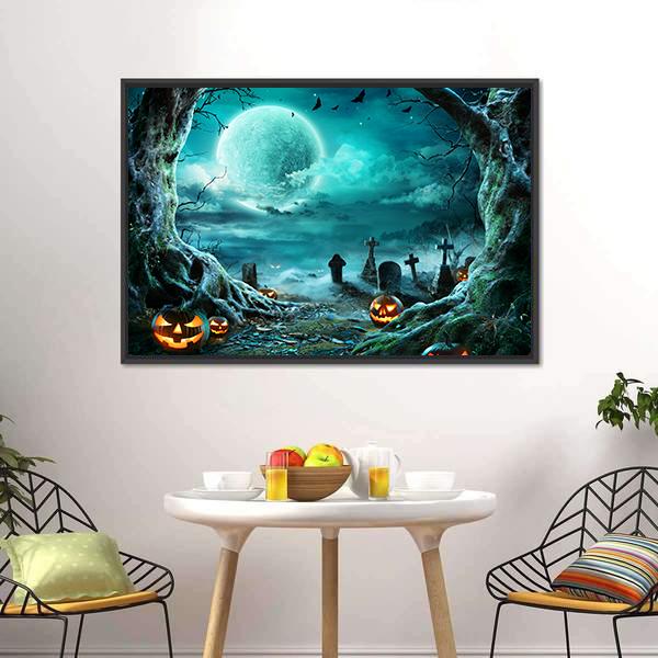 Jack O Lantern In Cemetery At Night Canvas Wall Art-5 Horizontal-Gallery Wrap-22" x 12"-Tiaracle