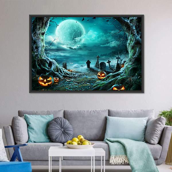 Jack O Lantern In Cemetery At Night Canvas Wall Art-5 Horizontal-Gallery Wrap-22" x 12"-Tiaracle