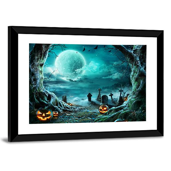 Jack O Lantern In Cemetery At Night Canvas Wall Art-5 Horizontal-Gallery Wrap-22" x 12"-Tiaracle