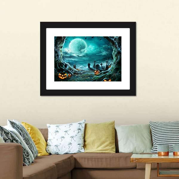 Jack O Lantern In Cemetery At Night Canvas Wall Art-5 Horizontal-Gallery Wrap-22" x 12"-Tiaracle