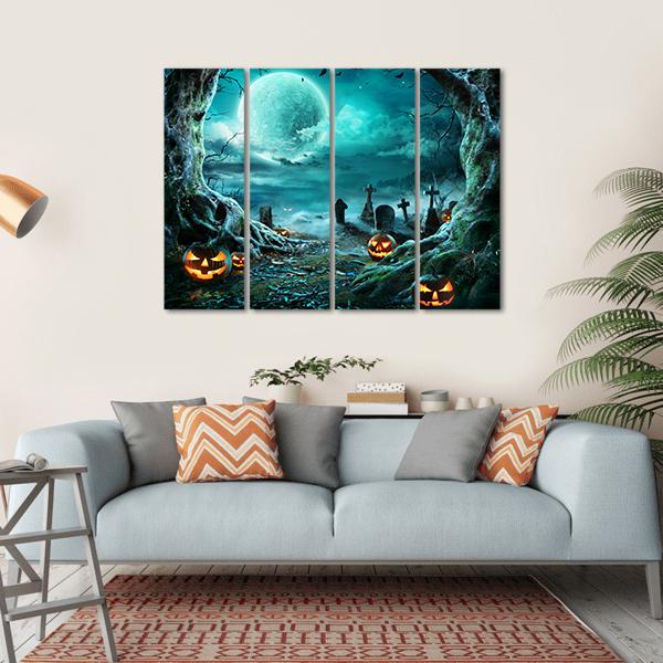 Jack O Lantern In Cemetery At Night Canvas Wall Art-4 Horizontal-Gallery Wrap-34" x 24"-Tiaracle