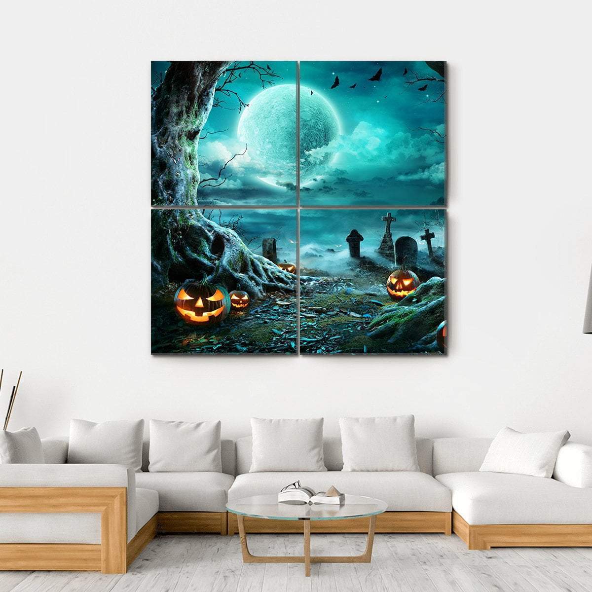 Jack O Lantern In Cemetery At Night Canvas Wall Art-4 Square-Gallery Wrap-17" x 17"-Tiaracle