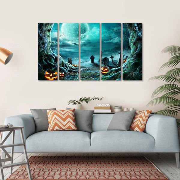 Jack O Lantern In Cemetery At Night Canvas Wall Art-5 Horizontal-Gallery Wrap-22" x 12"-Tiaracle