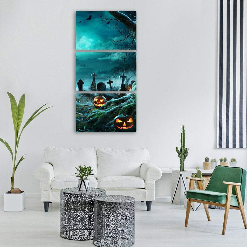 Jack O Lantern In Cemetery At Night Vertical Canvas Wall Art-3 Vertical-Gallery Wrap-12" x 25"-Tiaracle