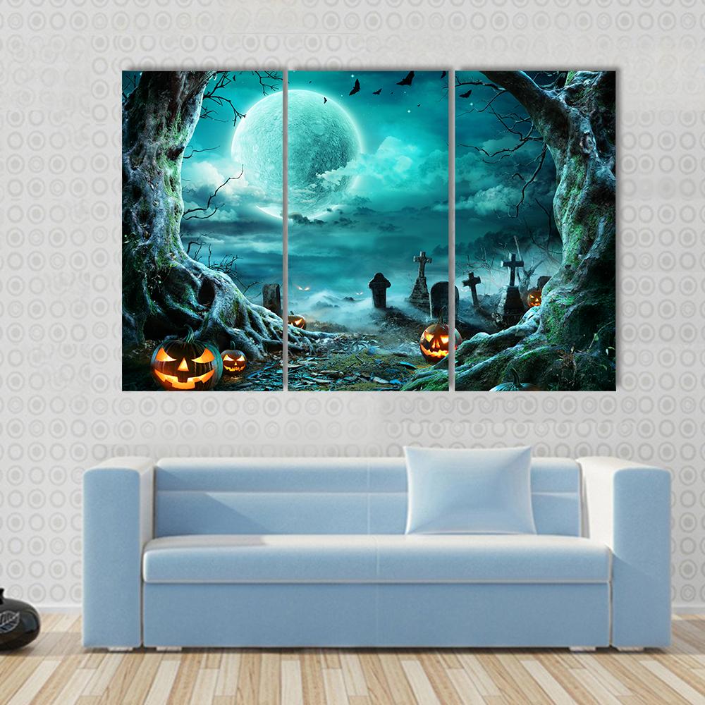 Jack O Lantern In Cemetery At Night Canvas Wall Art-3 Horizontal-Gallery Wrap-25" x 16"-Tiaracle