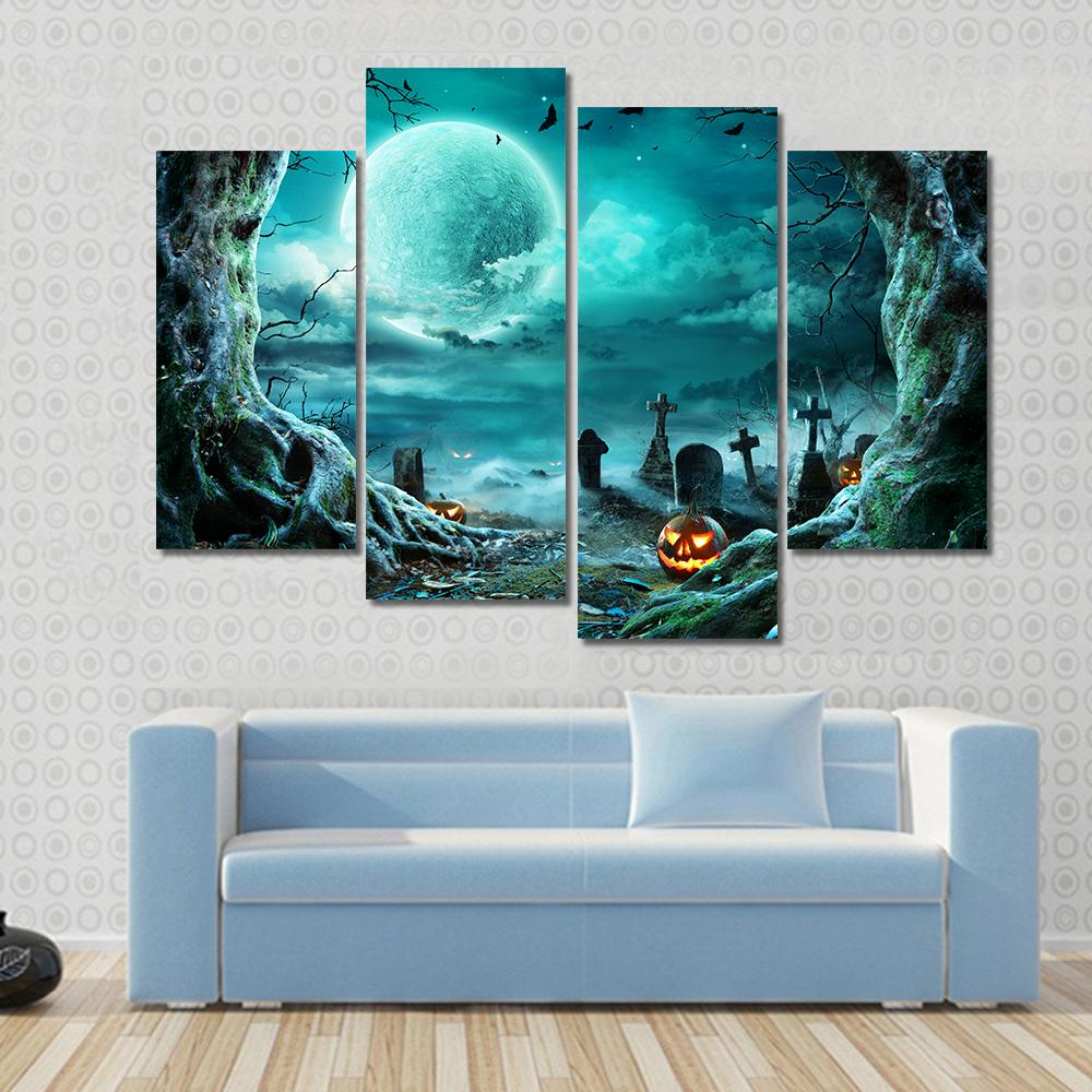 Jack O Lantern In Cemetery At Night Canvas Wall Art-4 Pop-Gallery Wrap-34" x 20"-Tiaracle