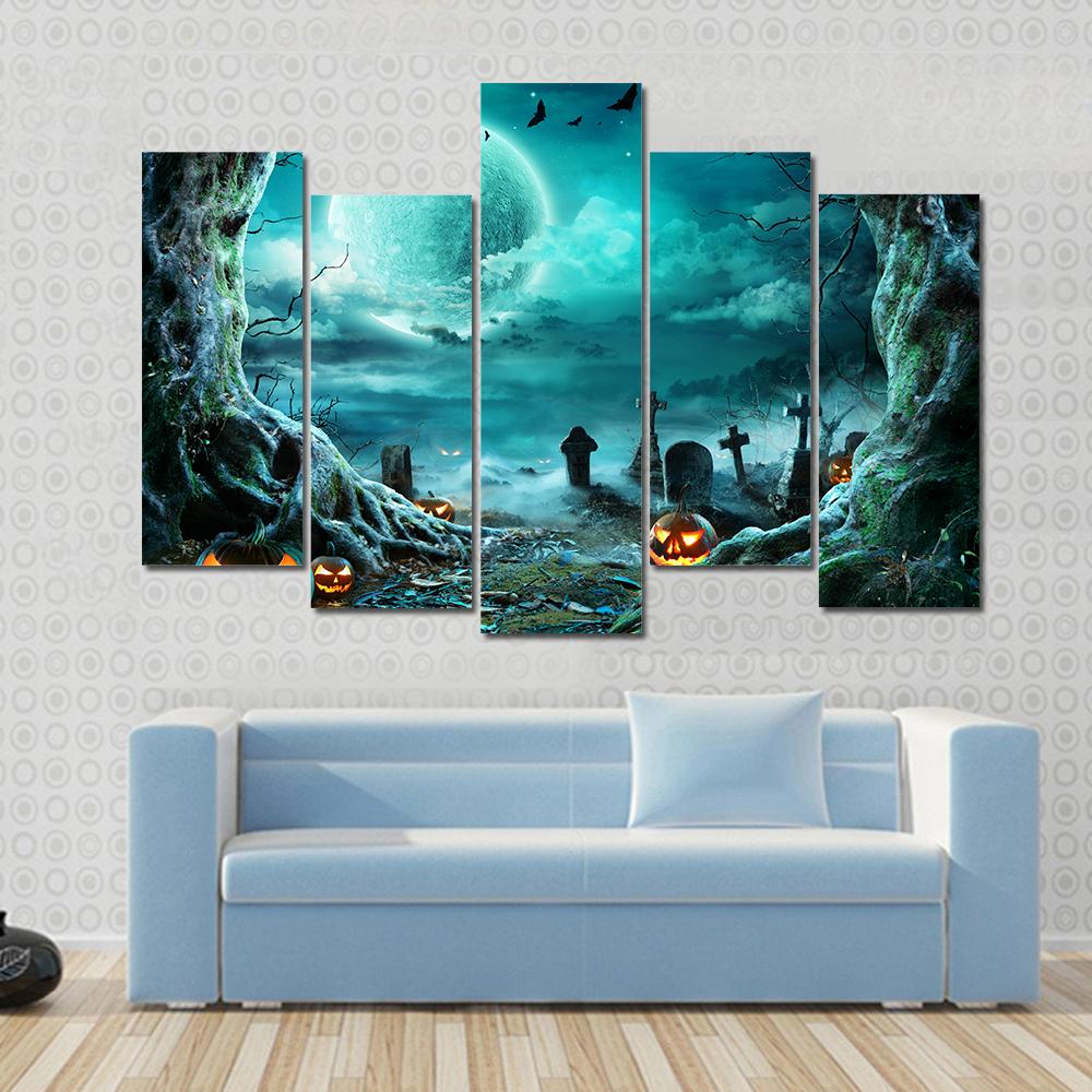 Jack O Lantern In Cemetery At Night Canvas Wall Art-5 Pop-Gallery Wrap-32" x 21"-Tiaracle