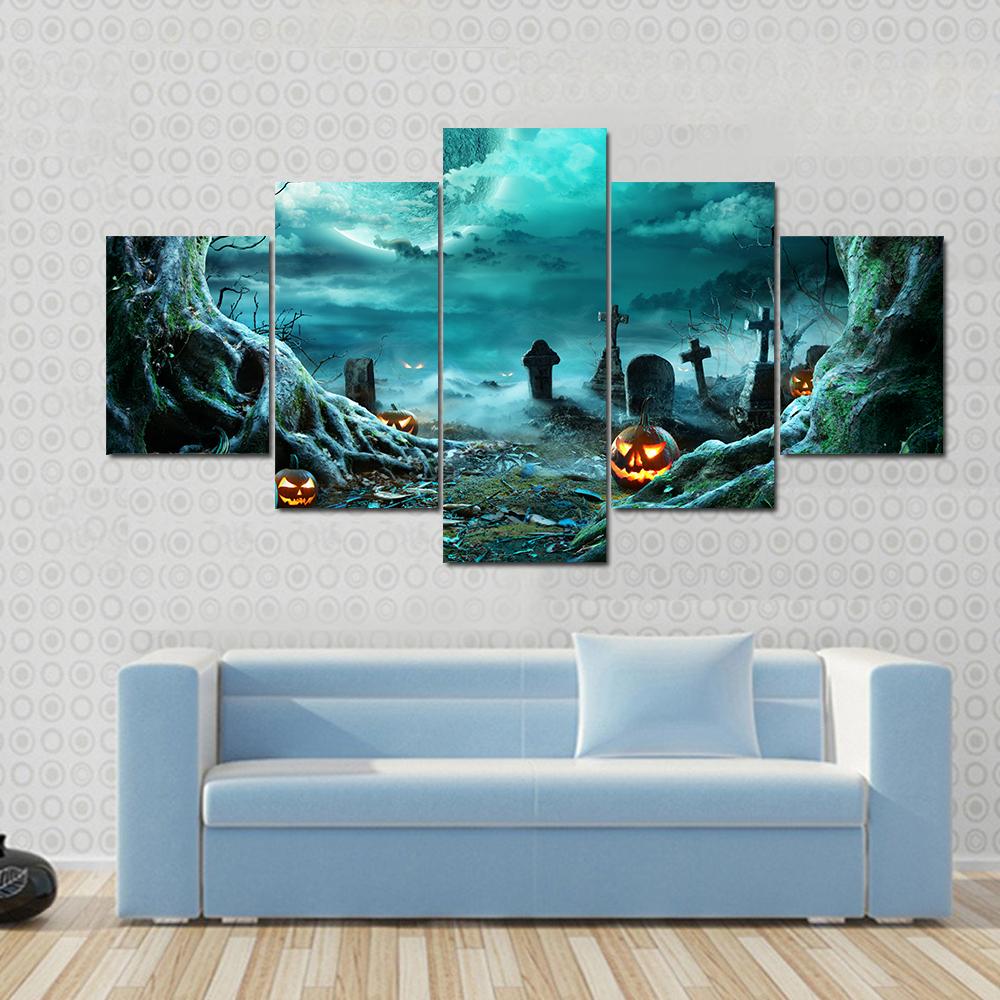 Jack O Lantern In Cemetery At Night Canvas Wall Art-5 Star-Gallery Wrap-42" x 21"-Tiaracle
