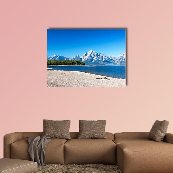 Jackson Lake at Grand Teton Canvas Wall Art in white, beige and blue, single panel hung on a wall