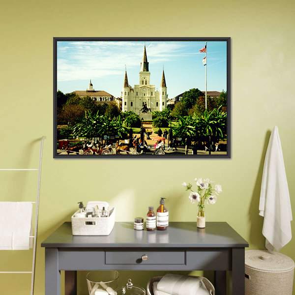 Jackson Square and St. Louis Cathedral Canvas Wall Art in white, green and blue, framed canvas, product view on a white background