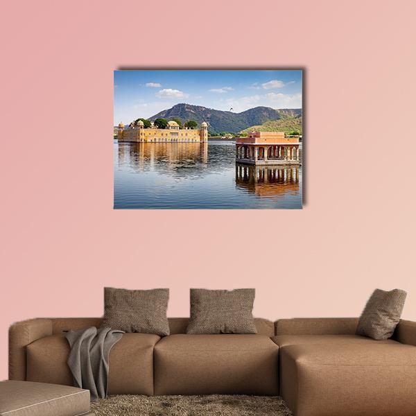 Jal Mahal on Man Sagar Lake Canvas Wall Art in beige, orange and blue, single panel hung on a wall