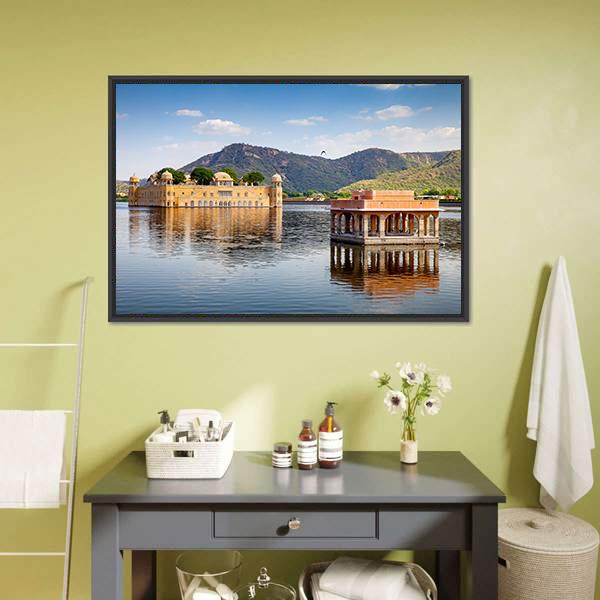 Jal Mahal In Man Sagar Lake Canvas Wall Art-1 Piece-Floating Frame-24" x 16"-Tiaracle