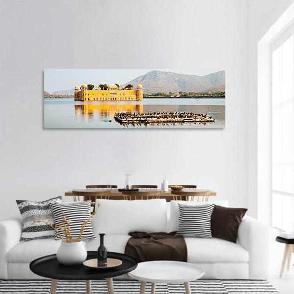 Jal Mahal In Jaipur India Panoramic Canvas Wall Art-3 Piece-25" x 08"-Tiaracle